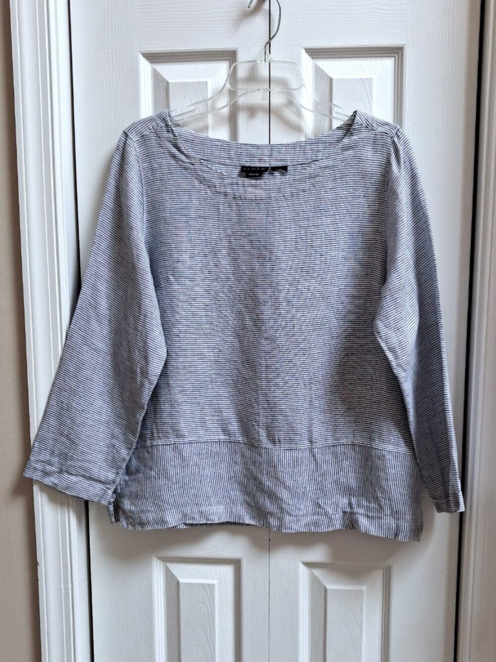 TAHARI Blue/White Stripe Linen Nautical Top sz S